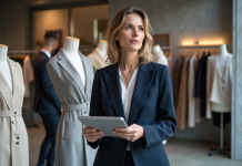 Femme élégante en tailleur navy dans un studio de mode