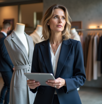 Femme élégante en tailleur navy dans un studio de mode