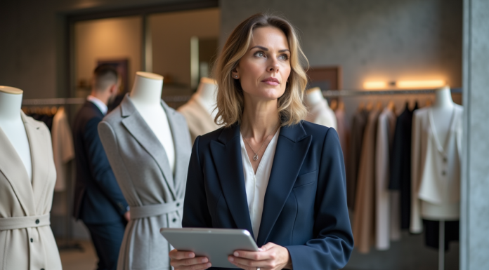 Femme élégante en tailleur navy dans un studio de mode