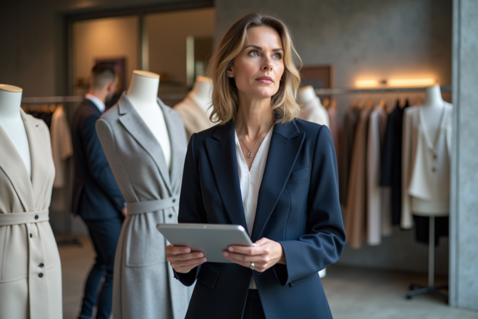 Femme élégante en tailleur navy dans un studio de mode
