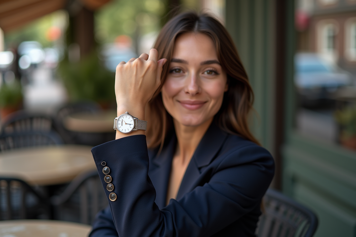 Jeune femme portant une montre en extérieur dans un café
