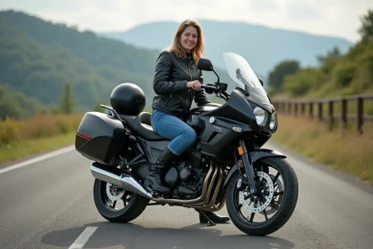 Femme en blouson moto assise sur une moto en extérieur