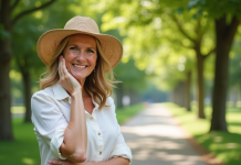Femme d'âge moyen dans un parc ensoleillé souriant