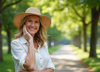 Femme d'âge moyen dans un parc ensoleillé souriant