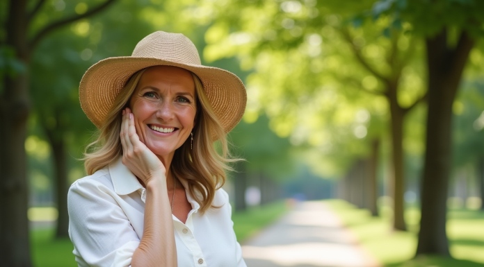 Femme d'âge moyen dans un parc ensoleillé souriant