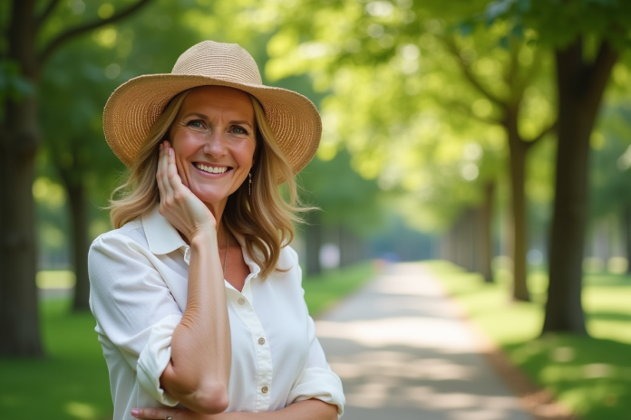 femme-parc-sourire-lunettes Femme d'âge moyen dans un parc ensoleillé souriant