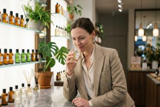 Femme en blazer beige avec parfum à la main dans une parfumerie