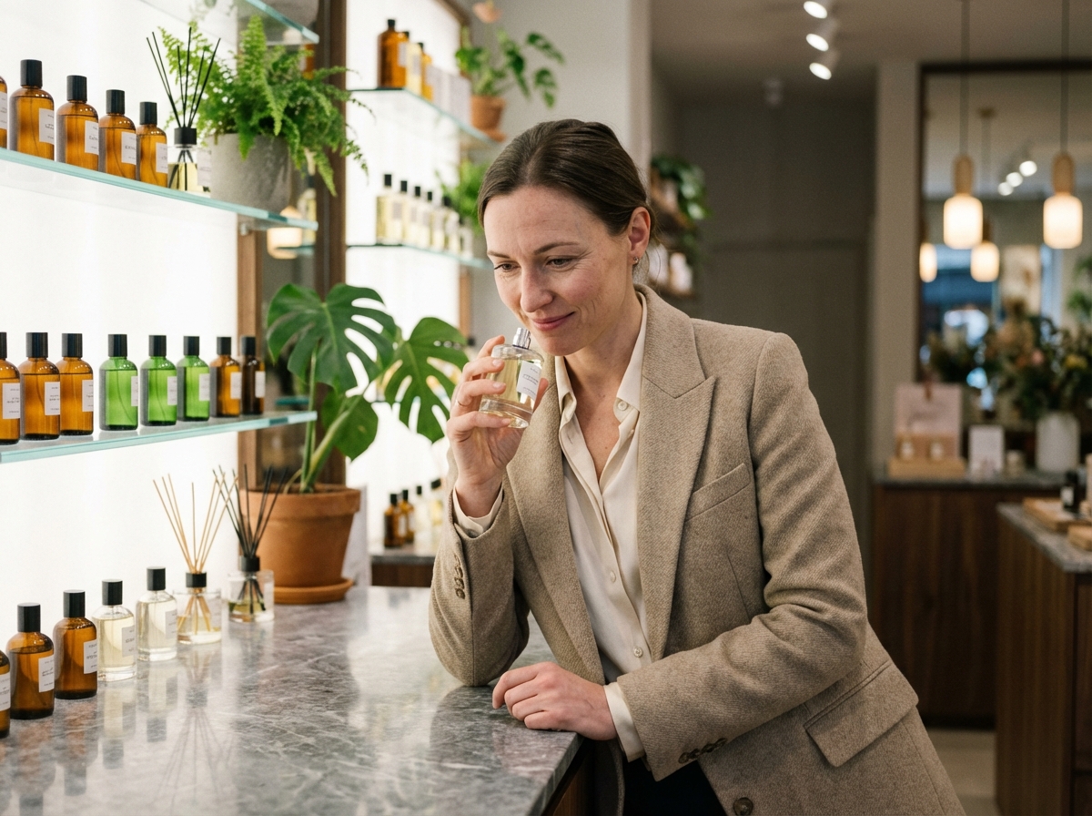 Femme en blazer beige avec parfum à la main dans une parfumerie