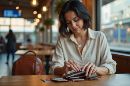 Femme organisant un portefeuille anti-RFID dans un café près d'une gare avant un voyage