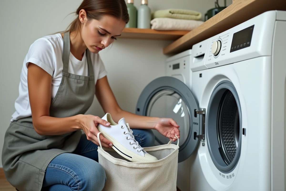 Femme préparant ses Converse pour le lavage en machine en les glissant dans un sac filet de protection