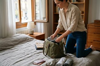 Femme préparant un sac de voyage en toile verte sur un lit dans une chambre moderne et lumineuse