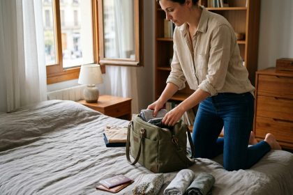 Femme préparant un sac de voyage en toile verte sur un lit dans une chambre moderne et lumineuse