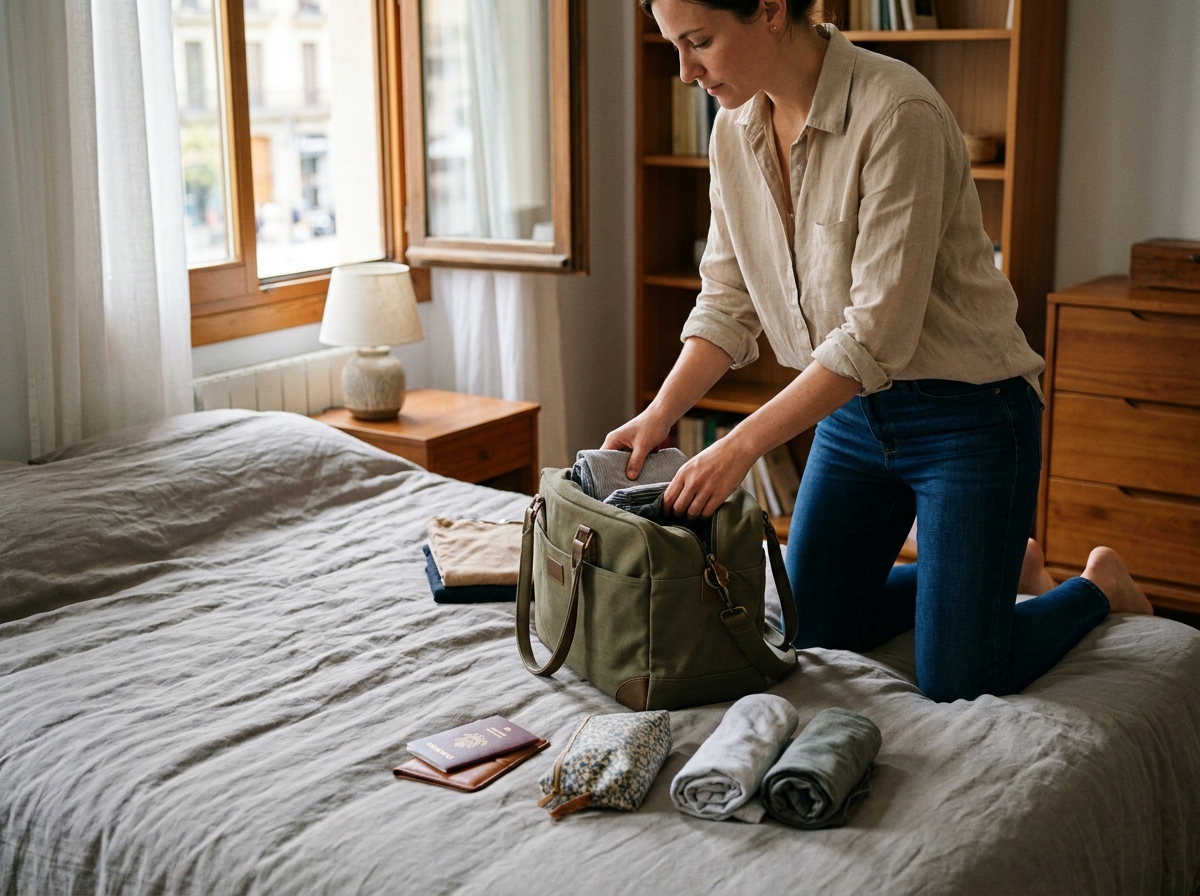 Femme préparant un sac de voyage en toile verte sur un lit dans une chambre moderne et lumineuse
