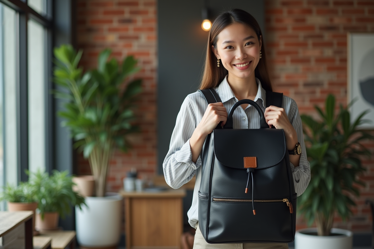 Jeune femme professionnelle avec sac à dos dans un espace de coworking