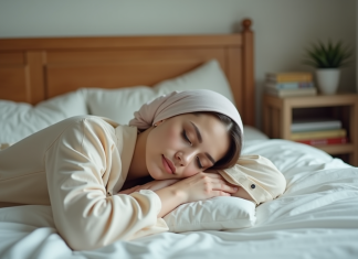 Femme paisible en pyjama avec foulard en soie dans un lit