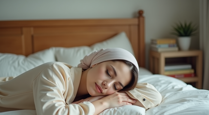 Femme paisible en pyjama avec foulard en soie dans un lit