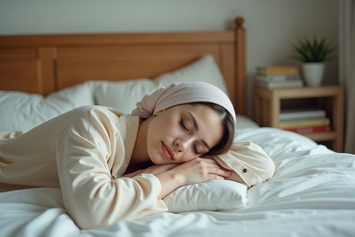 femme-repos-silky-scarf Femme paisible en pyjama avec foulard en soie dans un lit