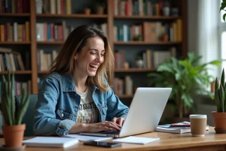 Femme souriante dans un bureau à domicile cosy