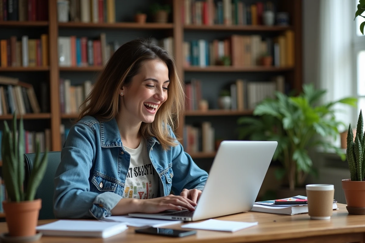 Femme souriante dans un bureau à domicile cosy