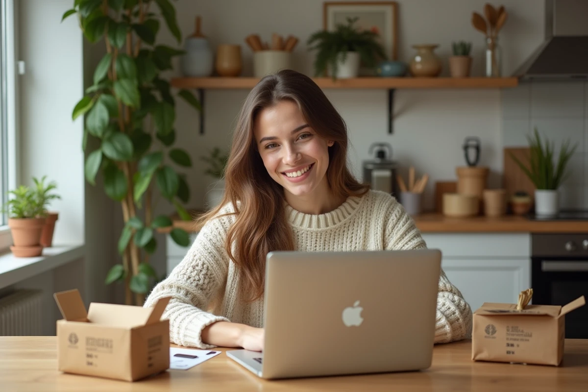 Jeune femme à la maison naviguant sur son ordinateur portable