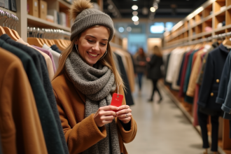 Femme joyeuse examinant un pull en magasin hiver
