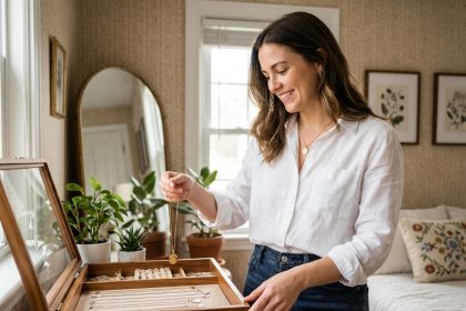 Femme souriante choisissant un collier dans une chambre lumineuse