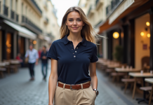 Femme élégante en polo navy dans une rue parisienne