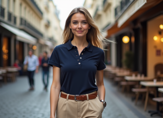 Femme élégante en polo navy dans une rue parisienne