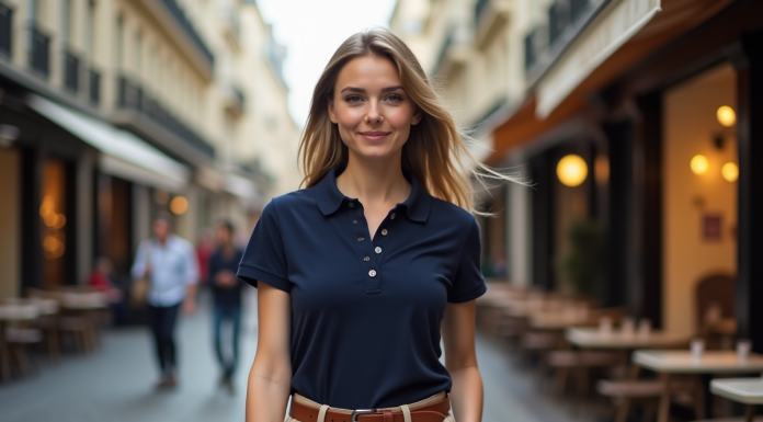 Femme élégante en polo navy dans une rue parisienne