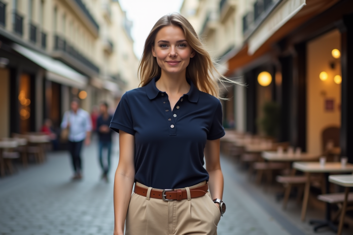 Femme élégante en polo navy dans une rue parisienne