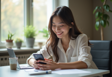 Jeune femme utilisant son smartphone avec l'application Vinted