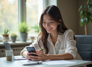 Jeune femme utilisant son smartphone avec l'application Vinted