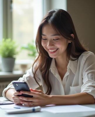 Jeune femme utilisant son smartphone avec l'application Vinted