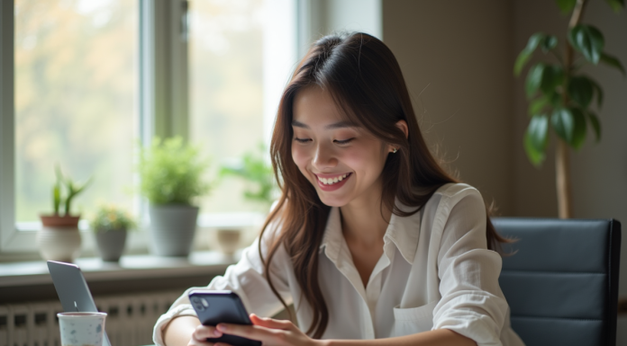Jeune femme utilisant son smartphone avec l'application Vinted