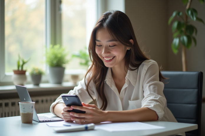 femme-telephone-vinted Jeune femme utilisant son smartphone avec l'application Vinted