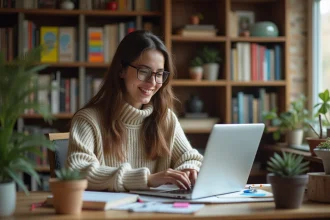 Jeune femme concentrée travaillant sur un ordinateur dans un bureau chaleureux