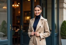 Femme élégante ajustant un trench beige devant un café parisien