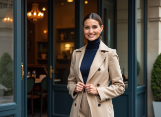 Femme élégante ajustant un trench beige devant un café parisien