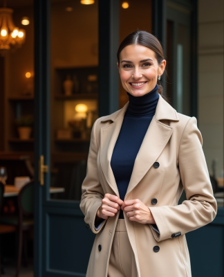 Femme élégante ajustant un trench beige devant un café parisien