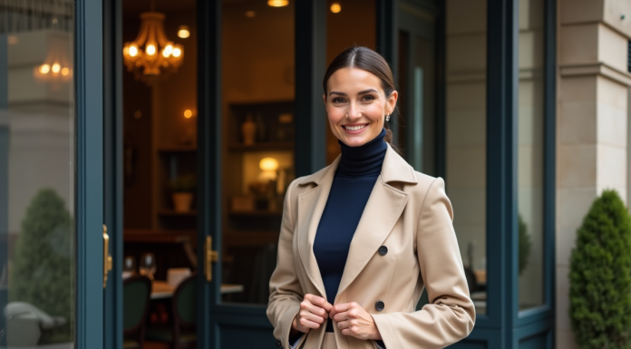 Femme élégante ajustant un trench beige devant un café parisien