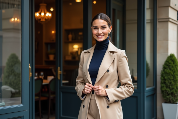 Femme élégante ajustant un trench beige devant un café parisien