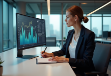 Tendances actuelles : comment surveiller efficacement les tendances ? Femme analysant des graphiques de tendances au bureau