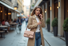 Femme élégante avec trench beige et sac pastel en ville