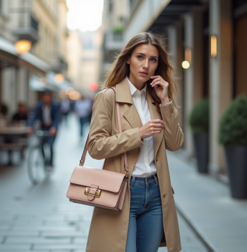 Femme élégante avec trench beige et sac pastel en ville