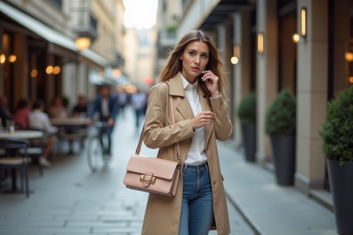 Femme élégante avec trench beige et sac pastel en ville