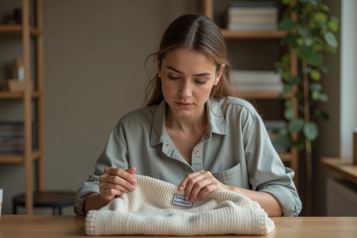 Femme examinant attentivement l'étiquette d'un vêtement acheté en ligne pour éviter les arnaques