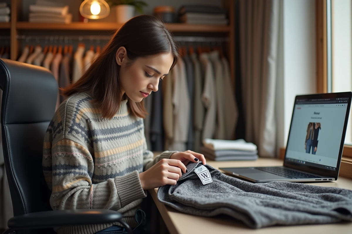 Jeune femme inspectant une étiquette de vêtement à la maison