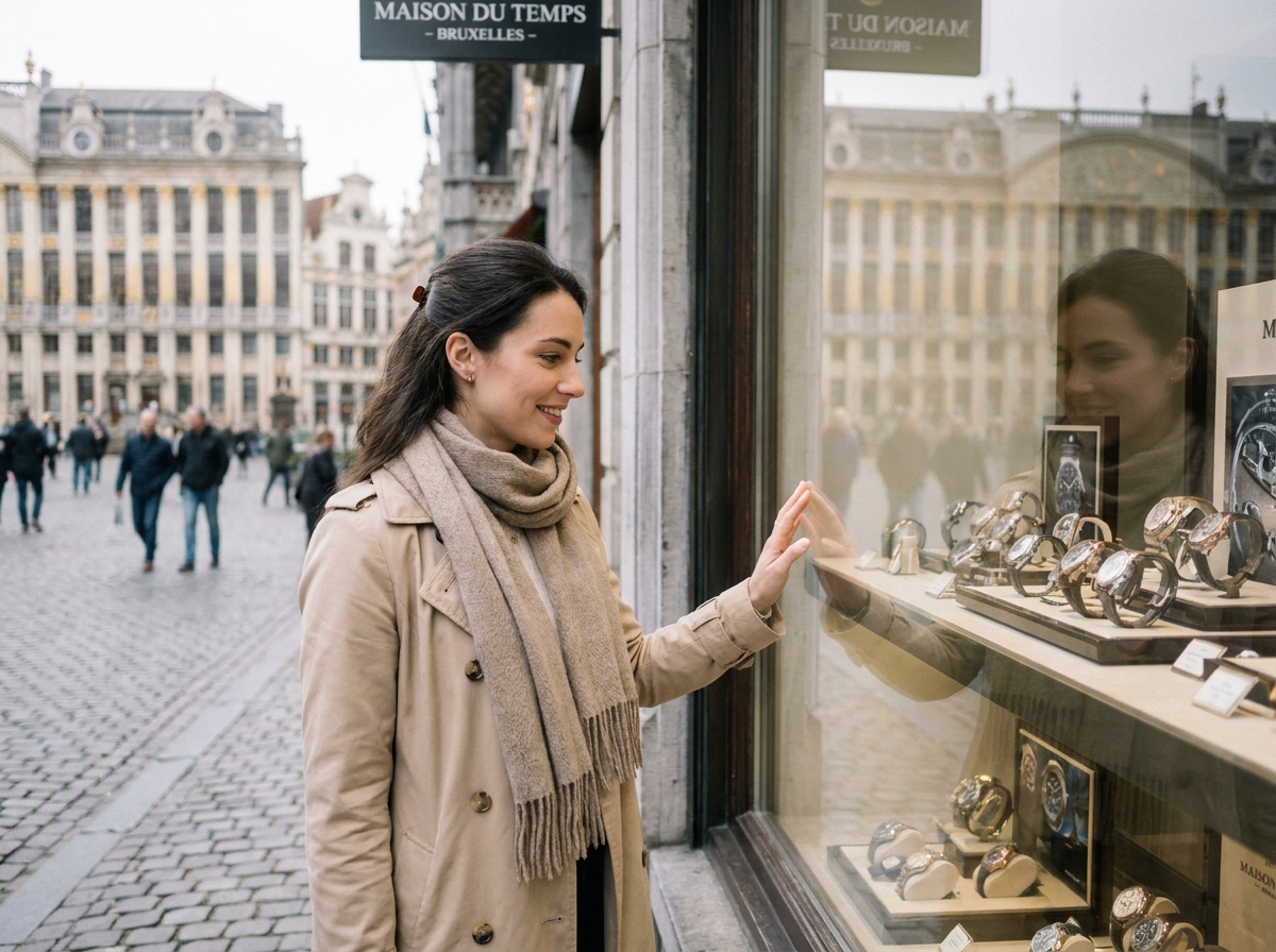 Jeune femme regardant une vitrine de montres &agrave; Bruxelles