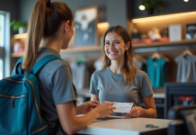 Femme souriante utilisant un bon cadeau au magasin de sport