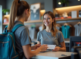 Femme souriante utilisant un bon cadeau au magasin de sport